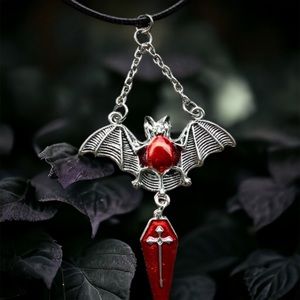 1pc‎ Red Bat & Coffin Gothic Bohemian Style Black Rope Necklace
